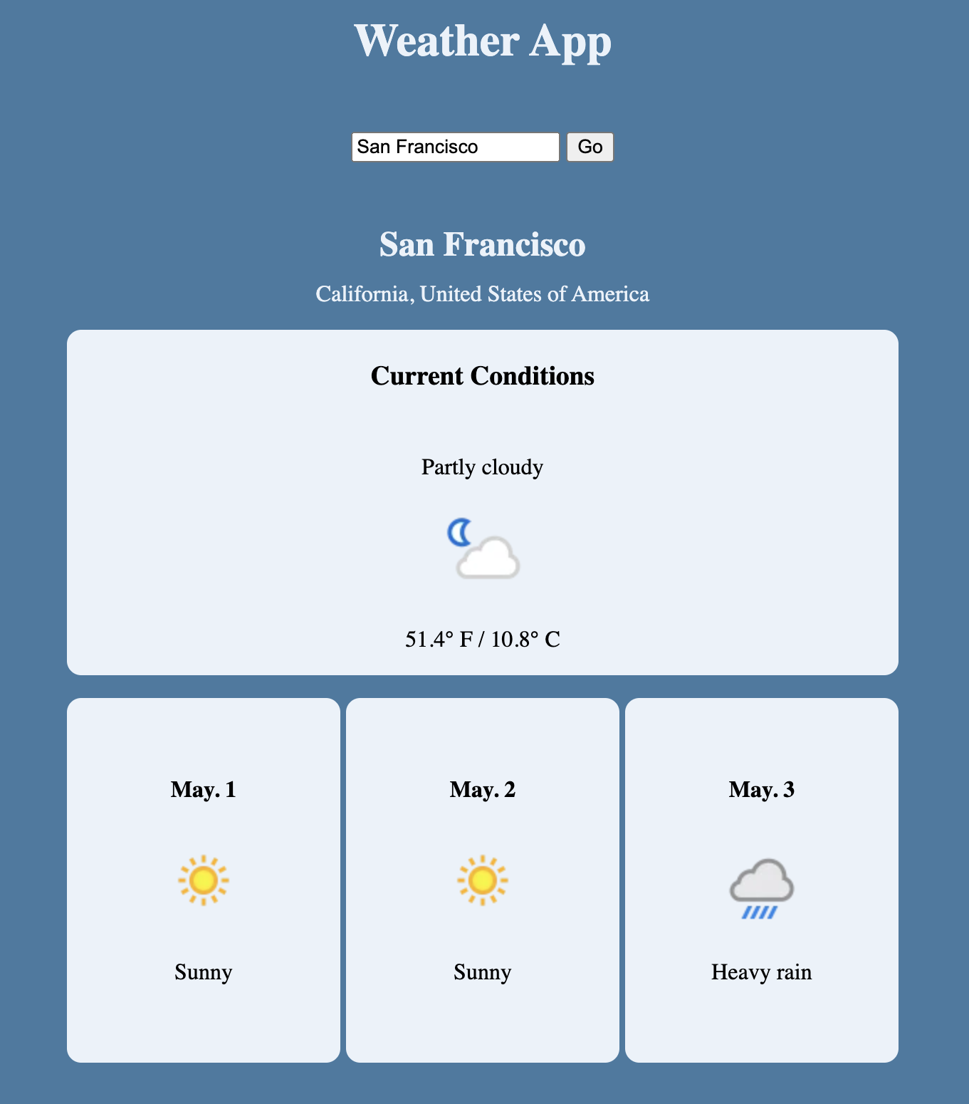 Screenshot of weather app web page